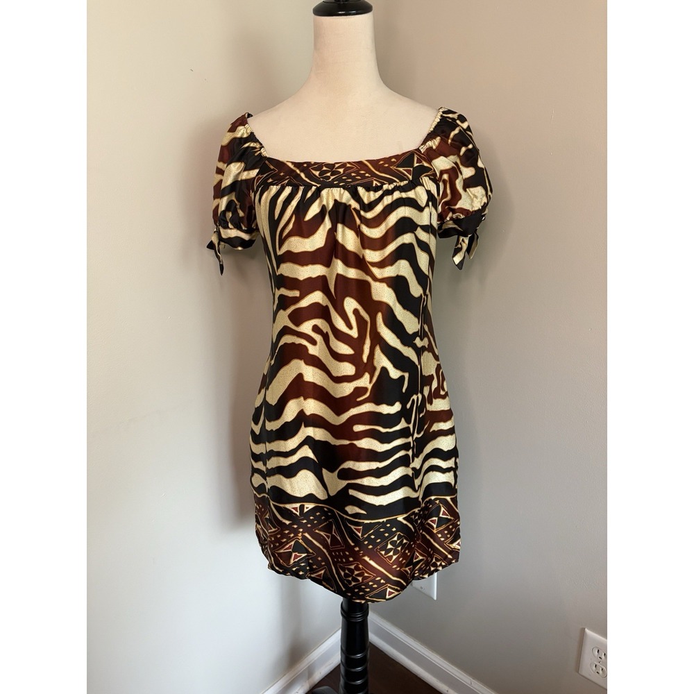VTG Taylor Hyde 100% Silk Brown Zebra Mini Dress Tunic Saks Fifth Ave Small EUC